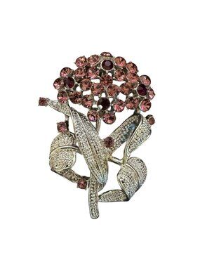 Vintage Silver-Tone Rhinestone Floral Flower Brooch Pin Pink Purple Crystals